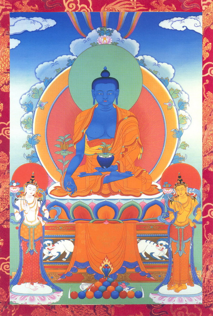 Bhaiṣajyaguru (The Healing Medicine buddha) with Sunlight Bodhisattva and Moonlight Bodhisattva